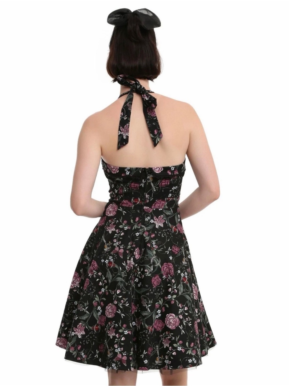 Hot Topic Retro Halter Sundress XXL Black Flowers Insects Whimsigoth Rockabilly - Picture 2 of 10